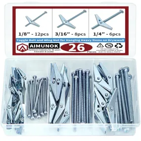 26pcs Toggle Bolt and Wing Nut for Hanging Heavy ltems on Drywwall Easy Operation for Fastening Secure