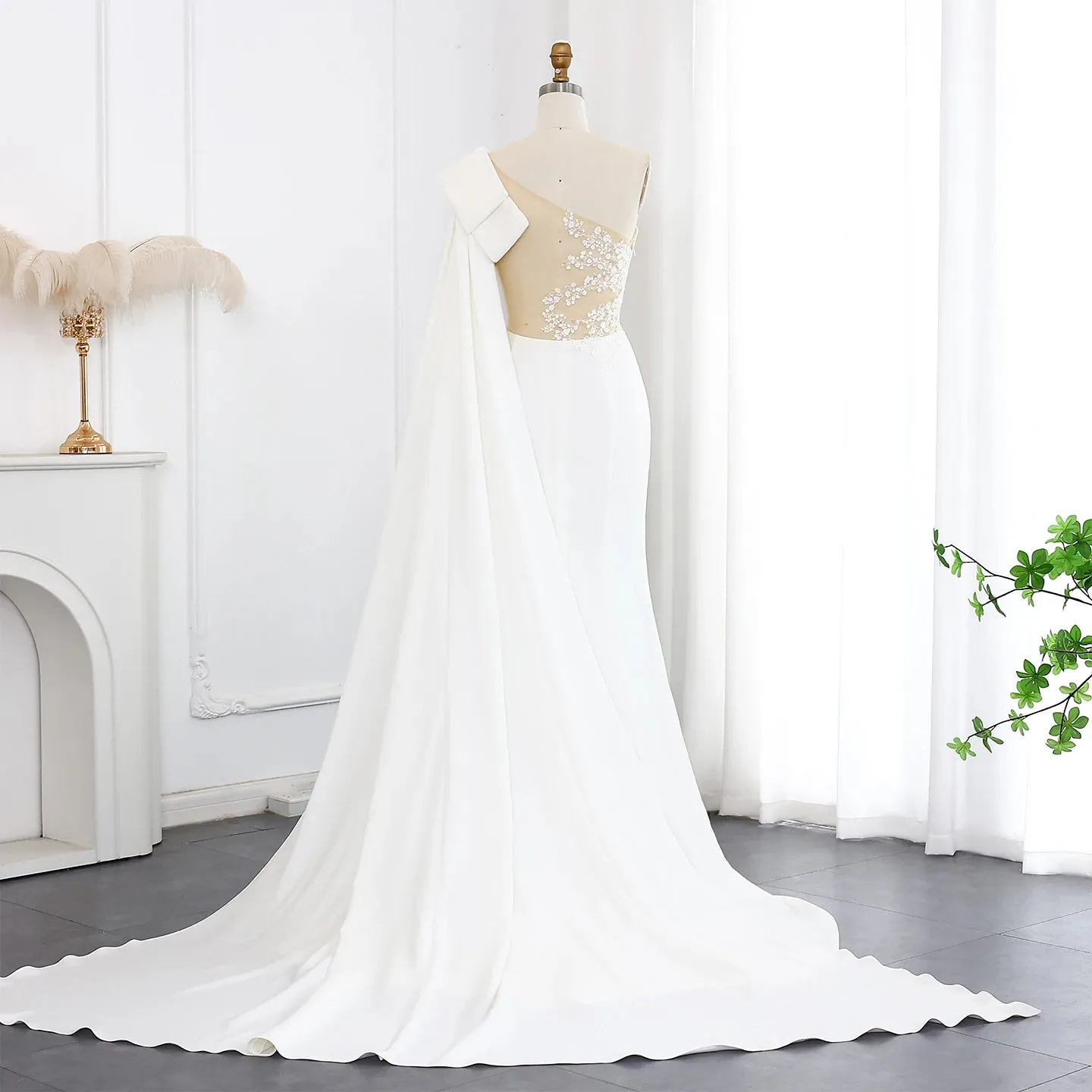 Ana One Shoulder White Evening dress with Bow Cape Sleeves