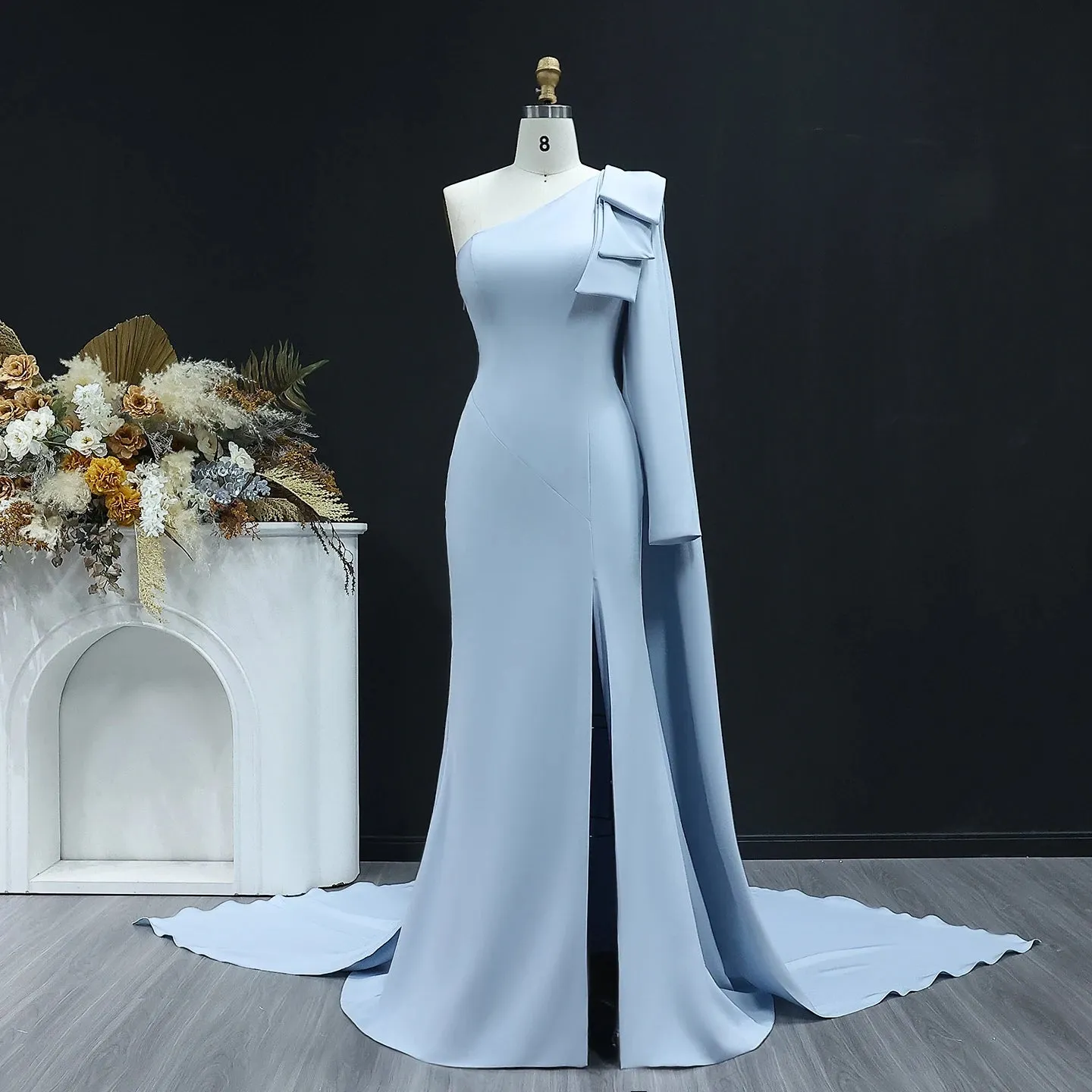 Ana One Shoulder White Evening dress with Bow Cape Sleeves