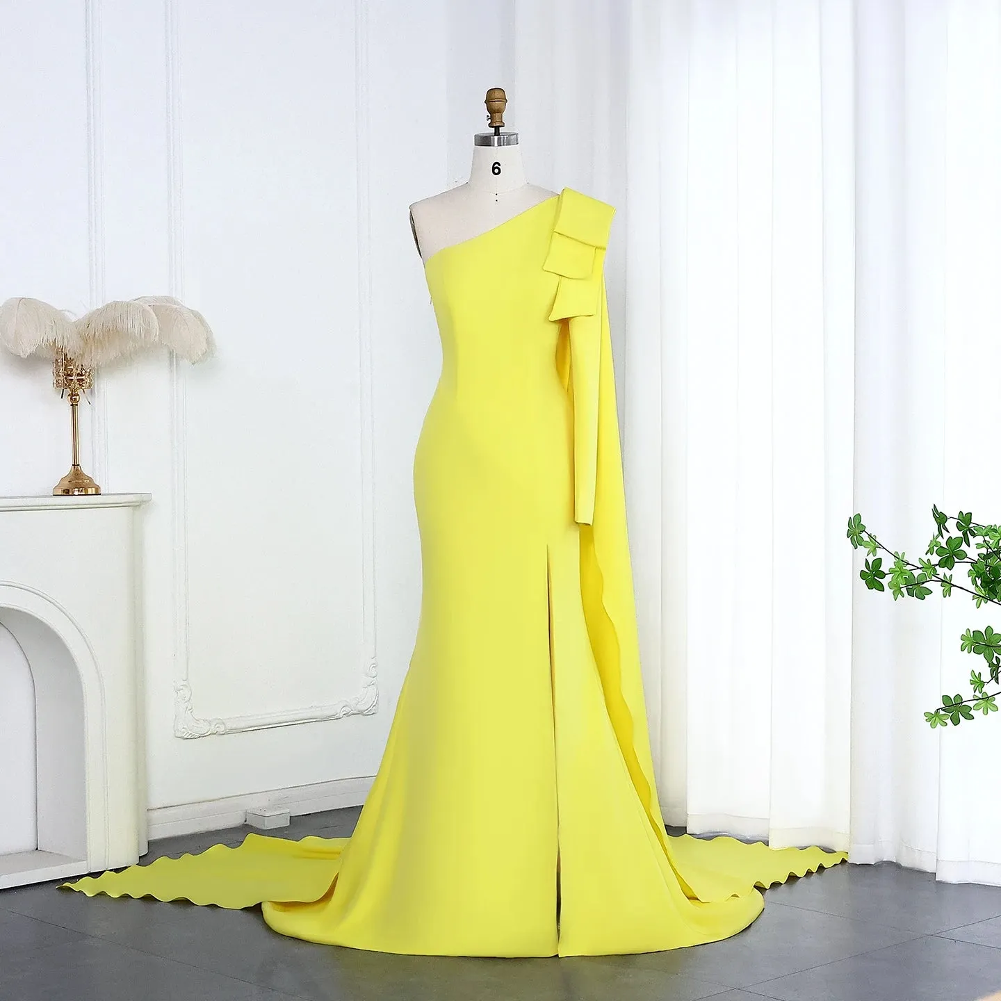 Ana One Shoulder White Evening dress with Bow Cape Sleeves