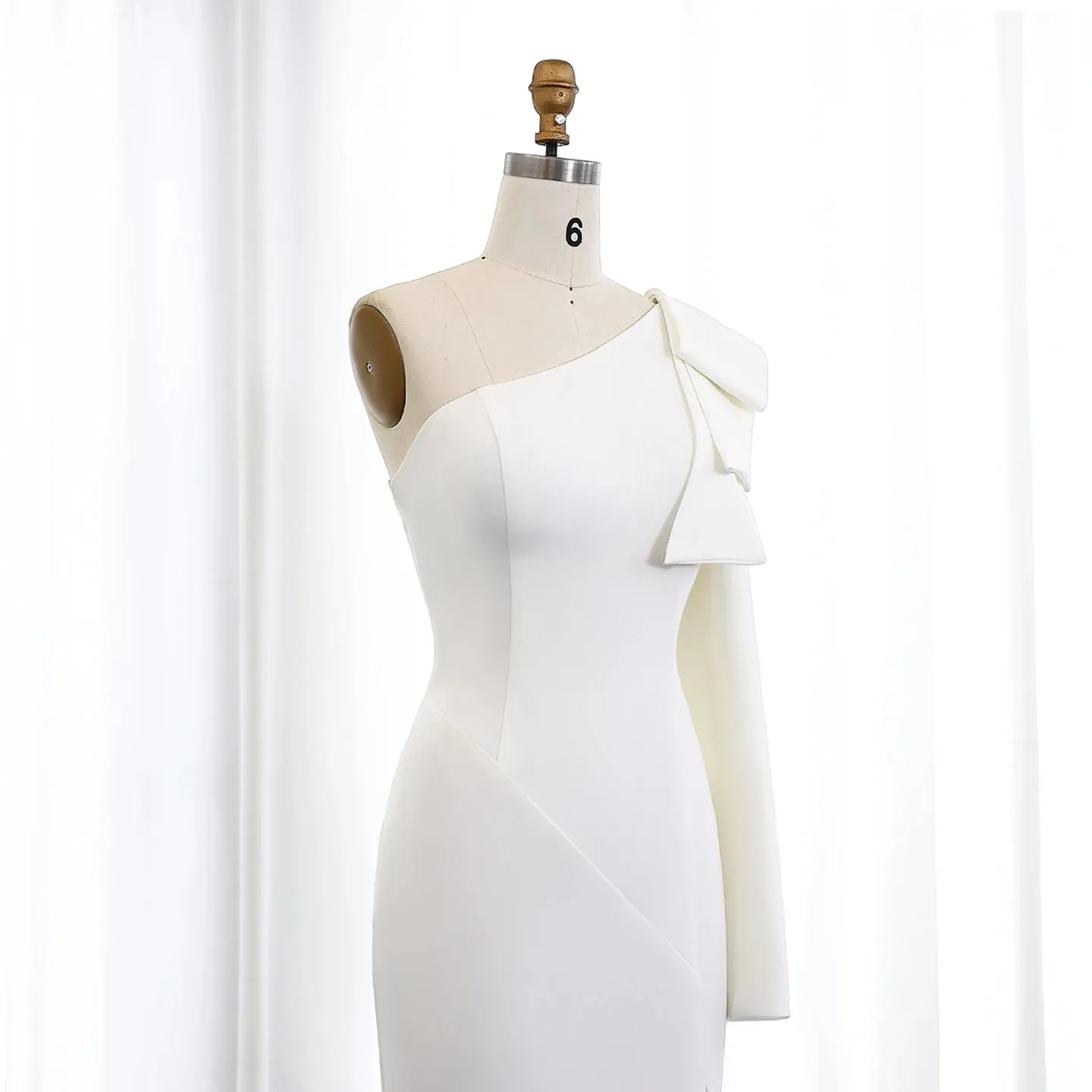 Ana One Shoulder White Evening dress with Bow Cape Sleeves