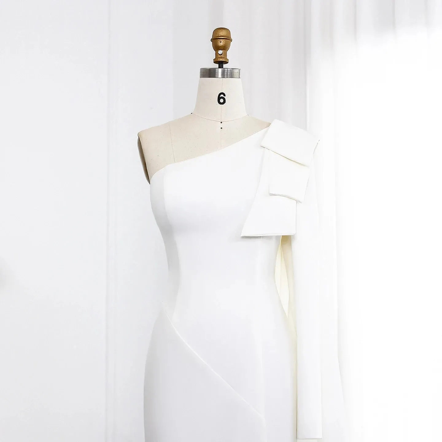 Ana One Shoulder White Evening dress with Bow Cape Sleeves