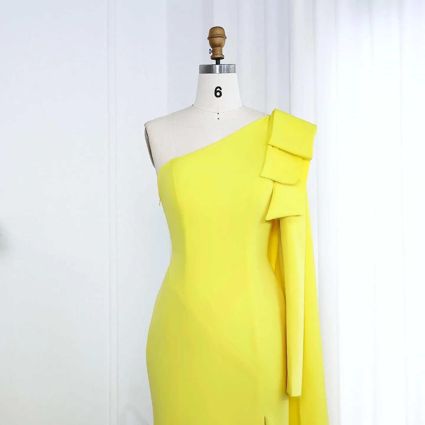 Ana One Shoulder White Evening dress with Bow Cape Sleeves