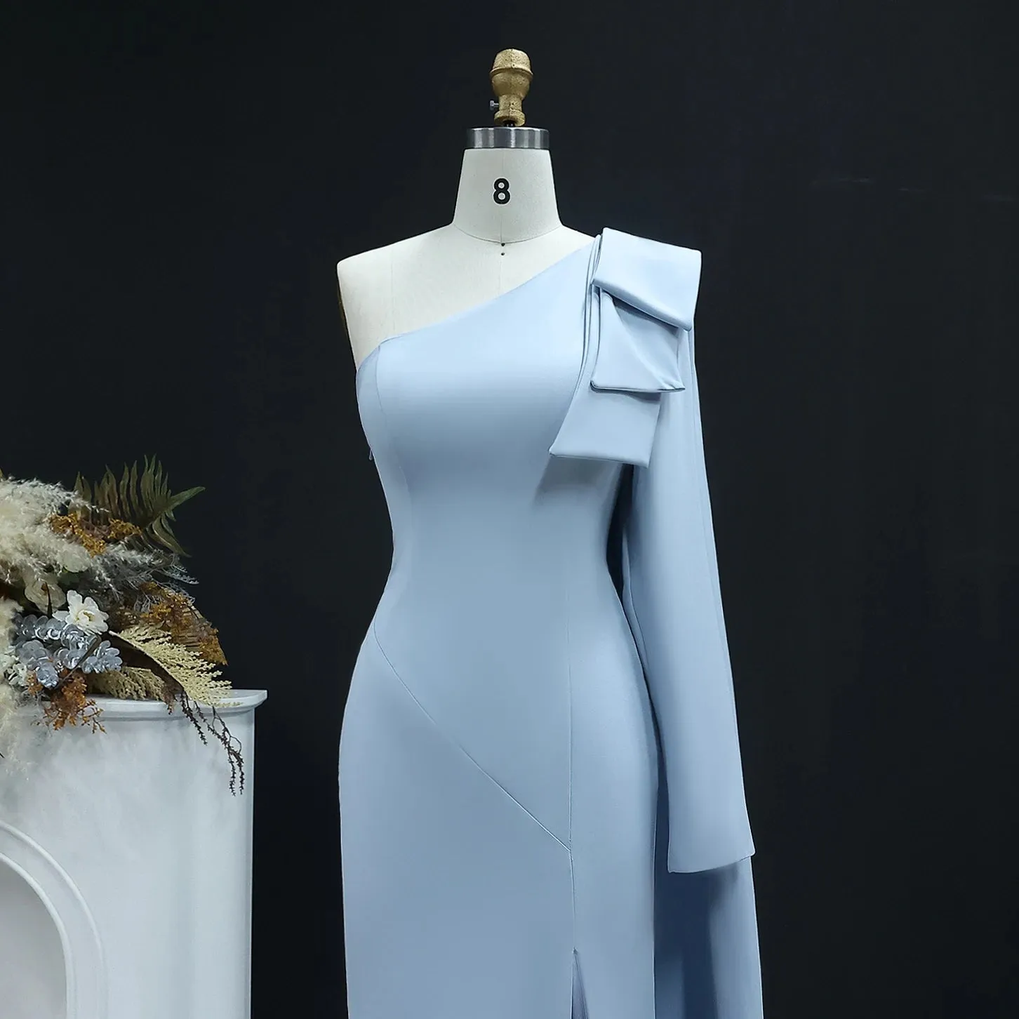 Ana One Shoulder White Evening dress with Bow Cape Sleeves