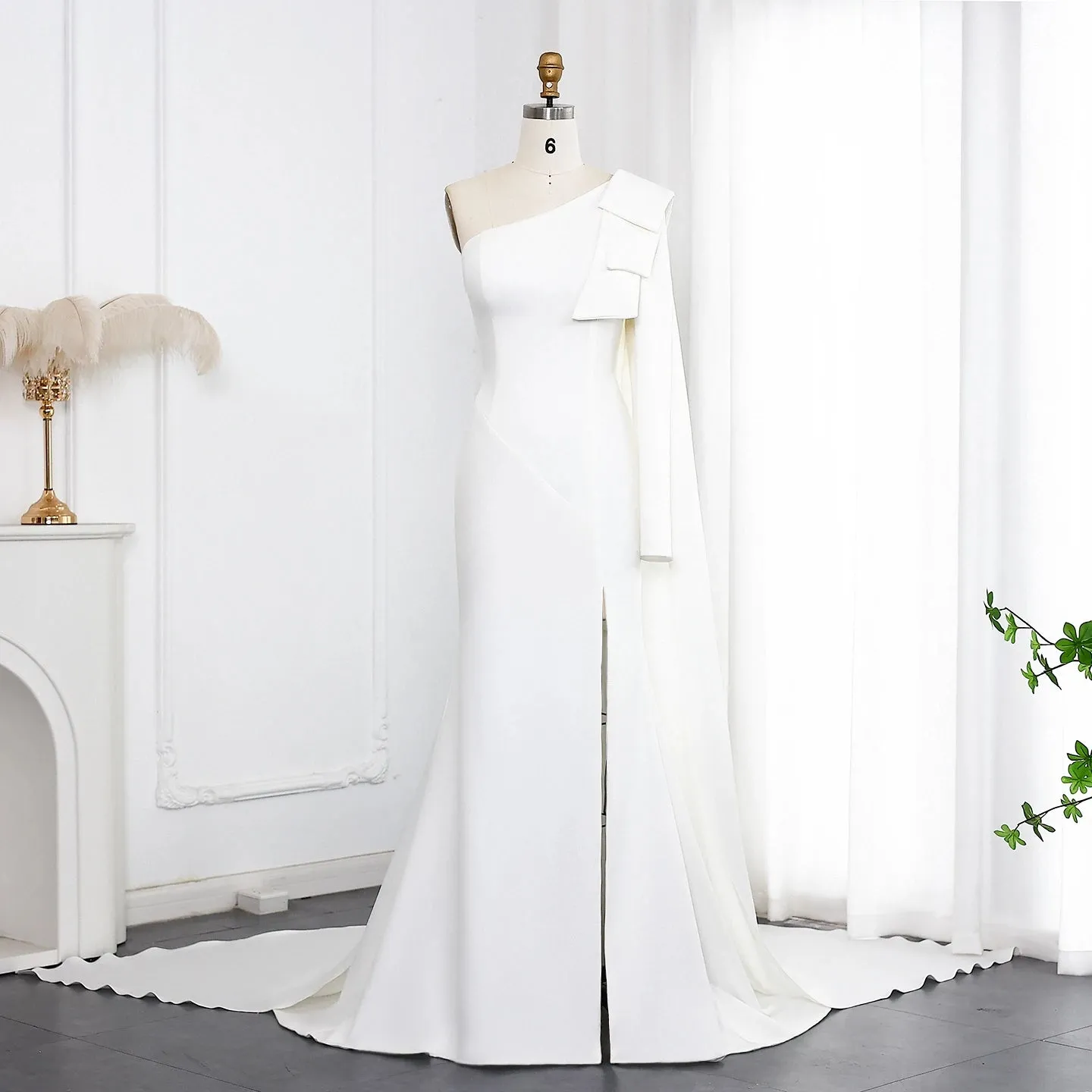 Ana One Shoulder White Evening dress with Bow Cape Sleeves