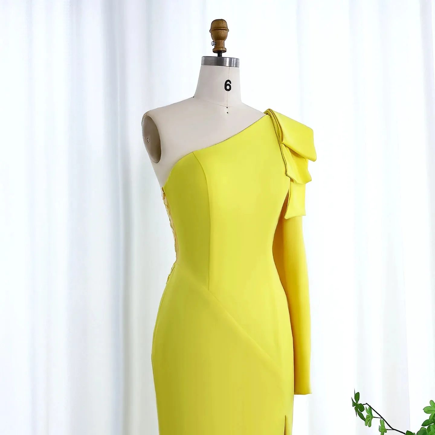 Ana One Shoulder White Evening dress with Bow Cape Sleeves