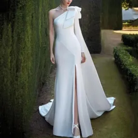 Ana One Shoulder White Evening dress with Bow Cape Sleeves