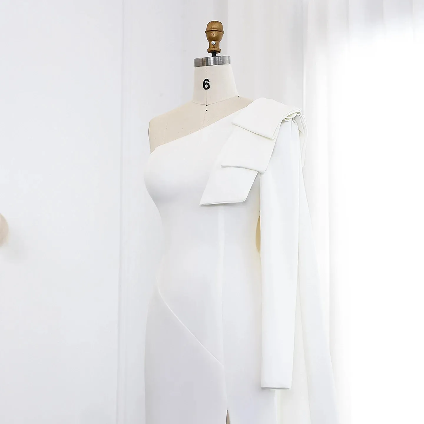 Ana One Shoulder White Evening dress with Bow Cape Sleeves