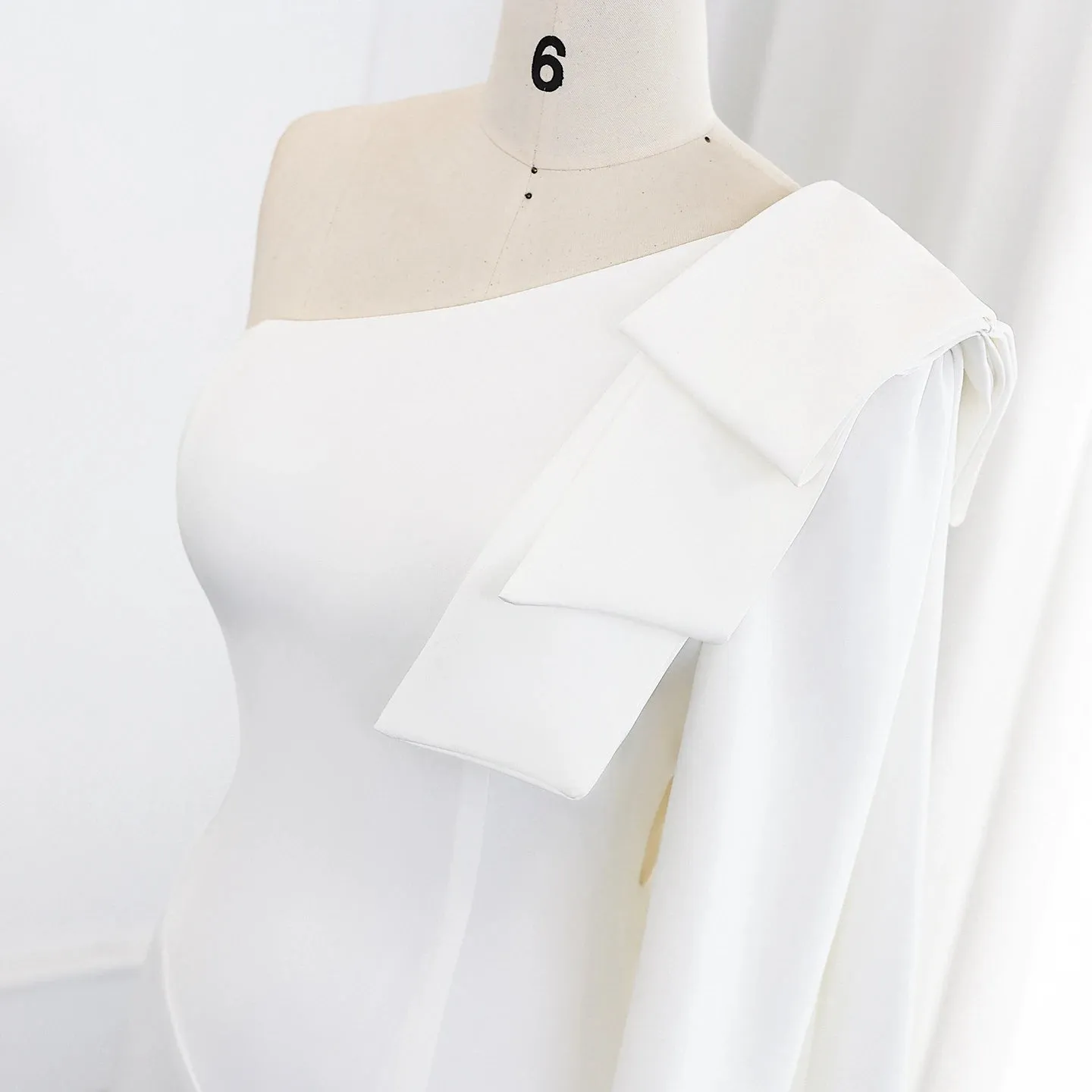 Ana One Shoulder White Evening dress with Bow Cape Sleeves