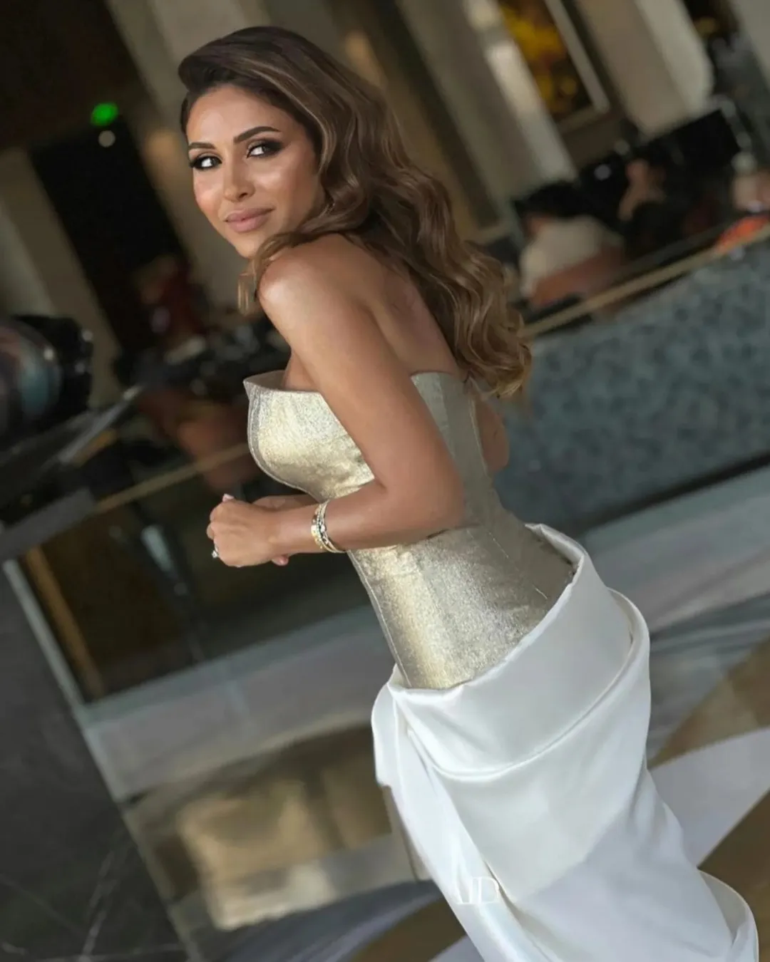 Anika Gold Strapless Elegant Evening Dress with 3D Flowers