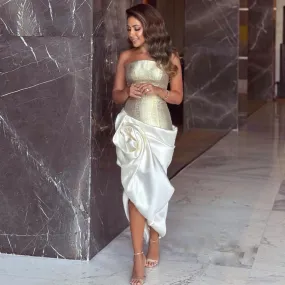 Anika Gold Strapless Elegant Evening Dress with 3D Flowers