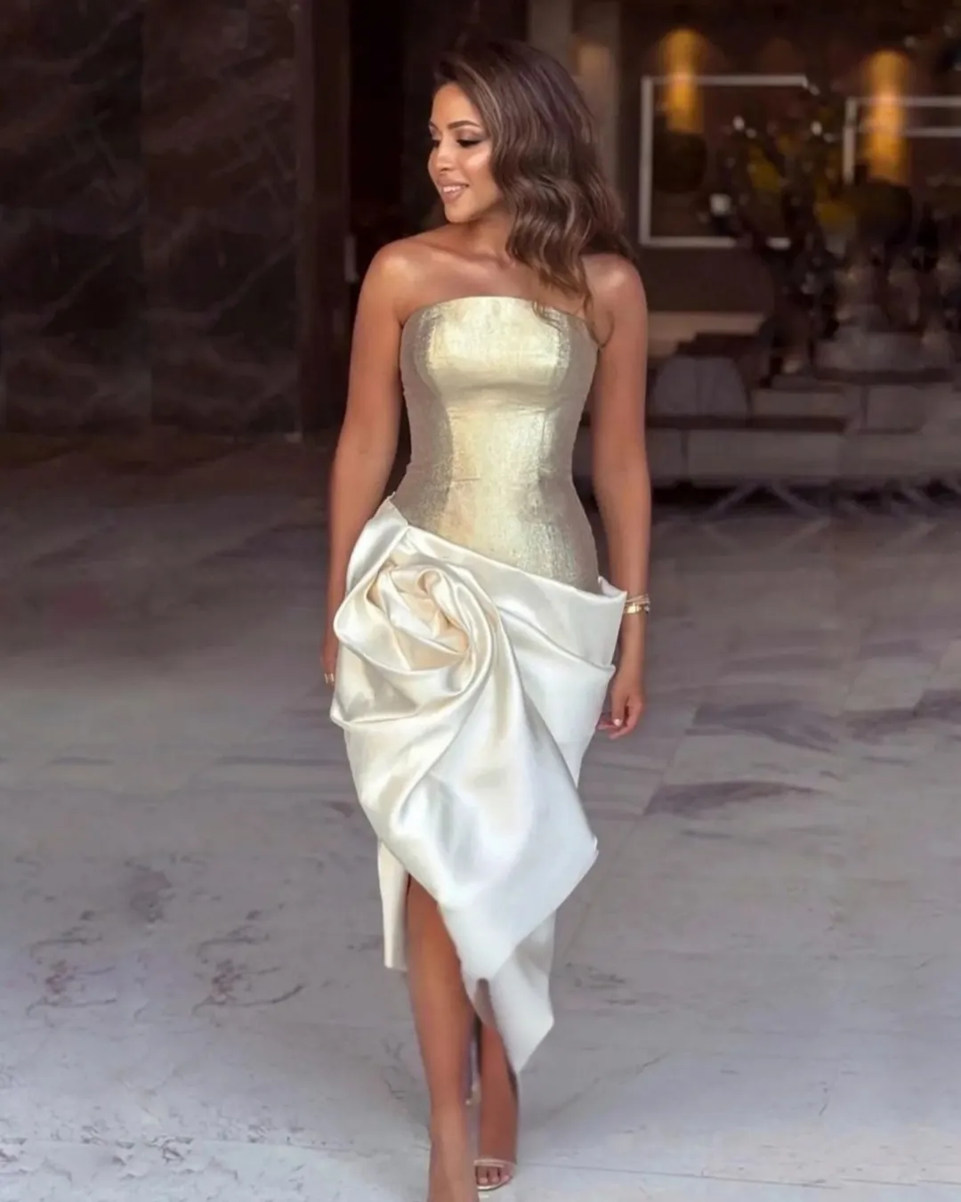 Anika Gold Strapless Elegant Evening Dress with 3D Flowers