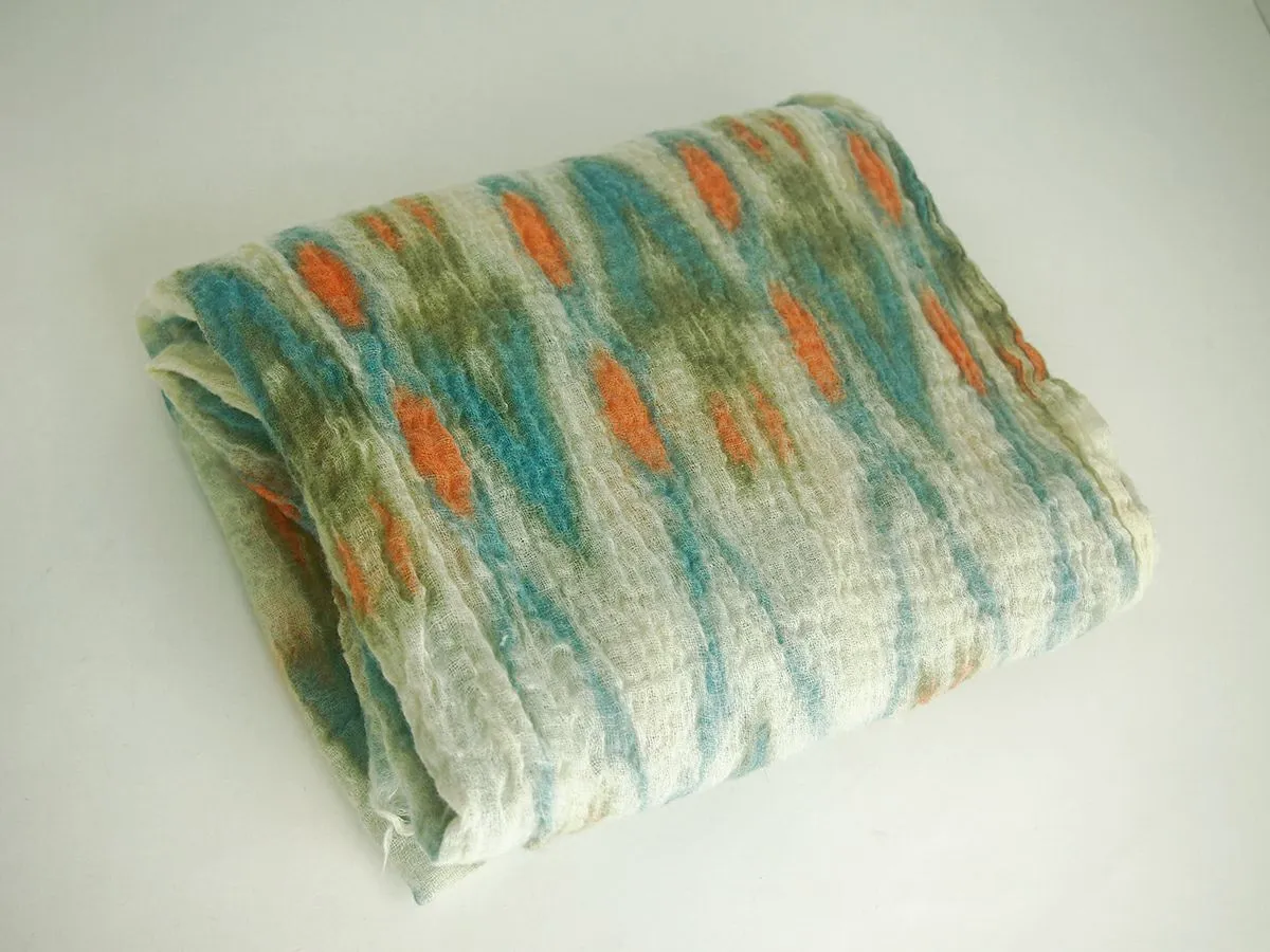 Bindya Aqua & Cream Wool Ikat Crinkle Scarf