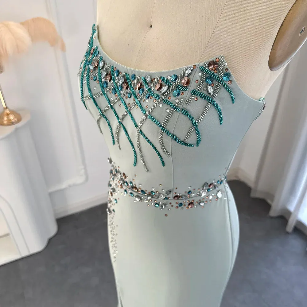 El Luxury  Turquoise Crystal Evening Dress