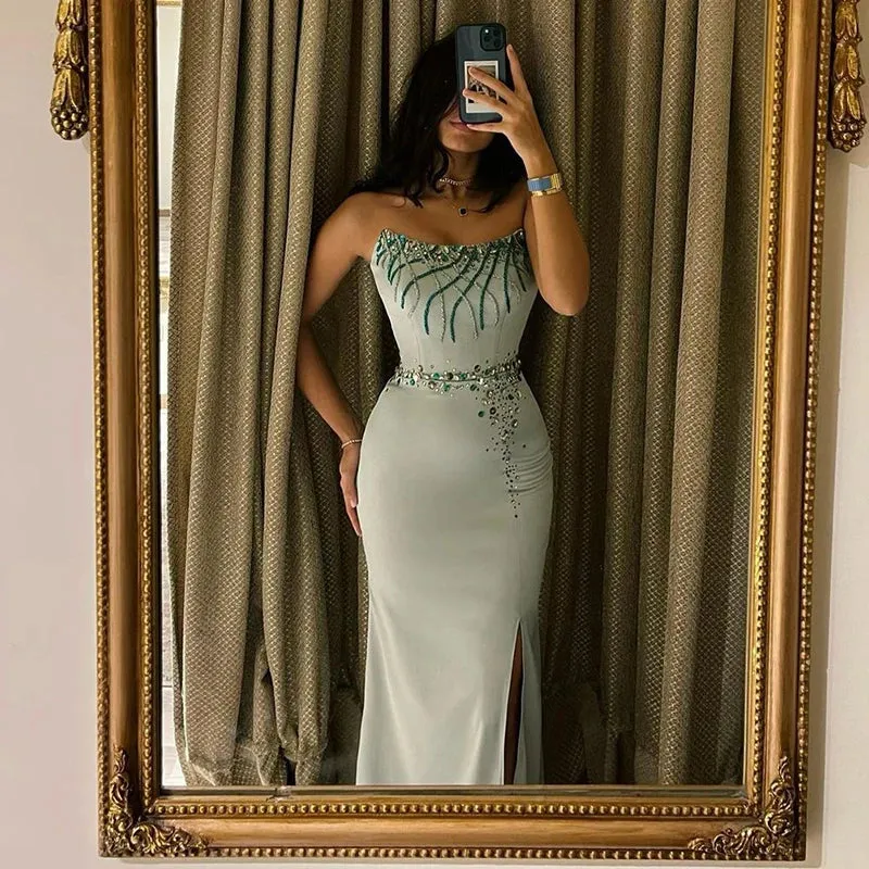 El Luxury  Turquoise Crystal Evening Dress