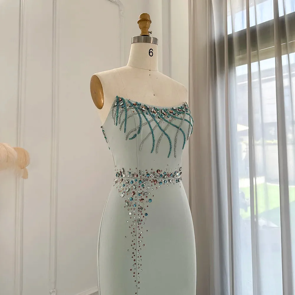 El Luxury  Turquoise Crystal Evening Dress