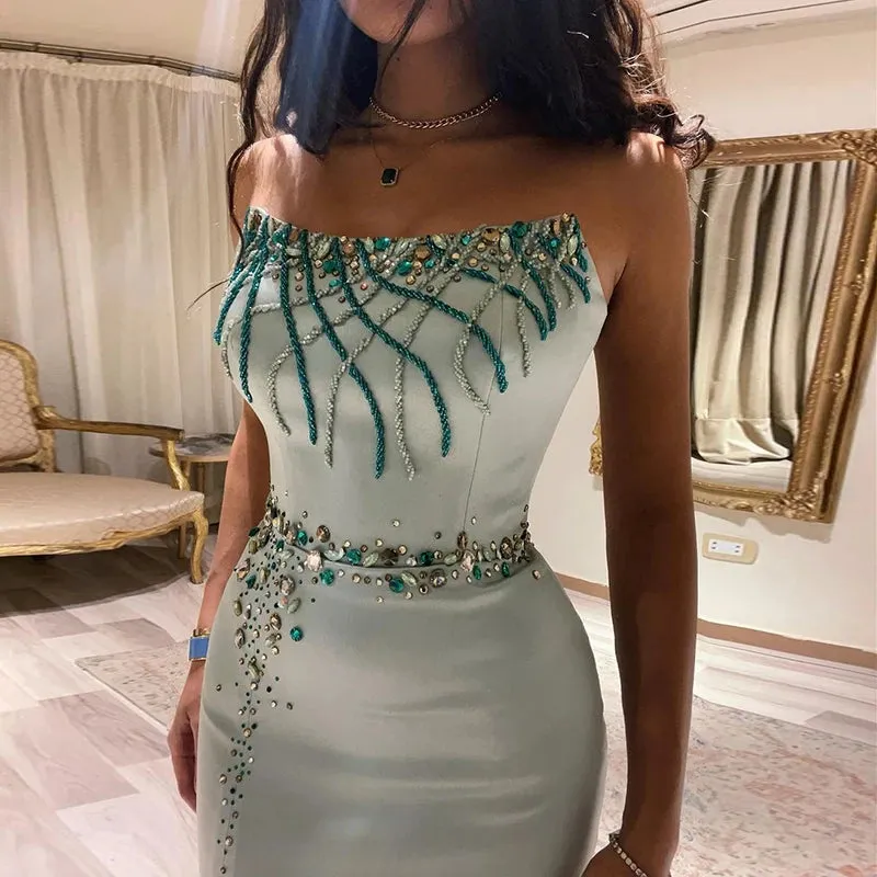 El Luxury  Turquoise Crystal Evening Dress