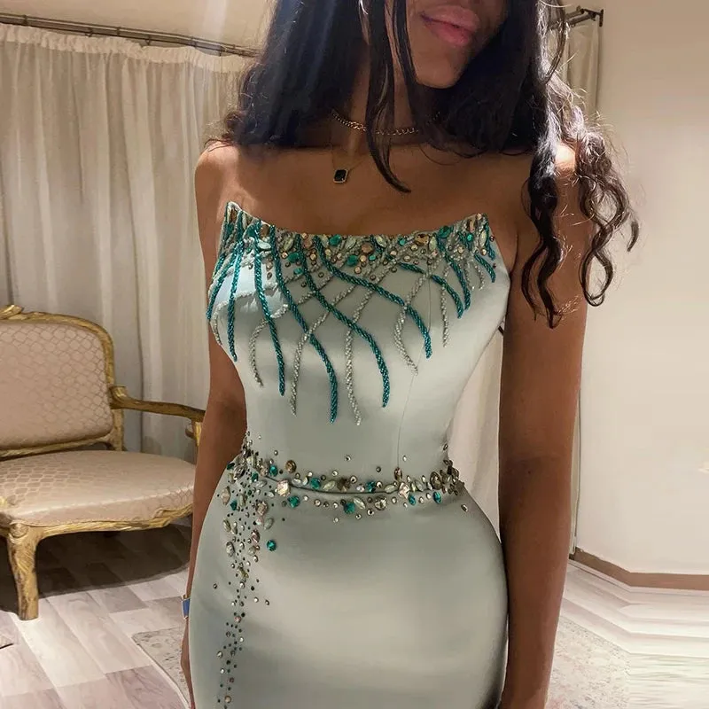 El Luxury  Turquoise Crystal Evening Dress