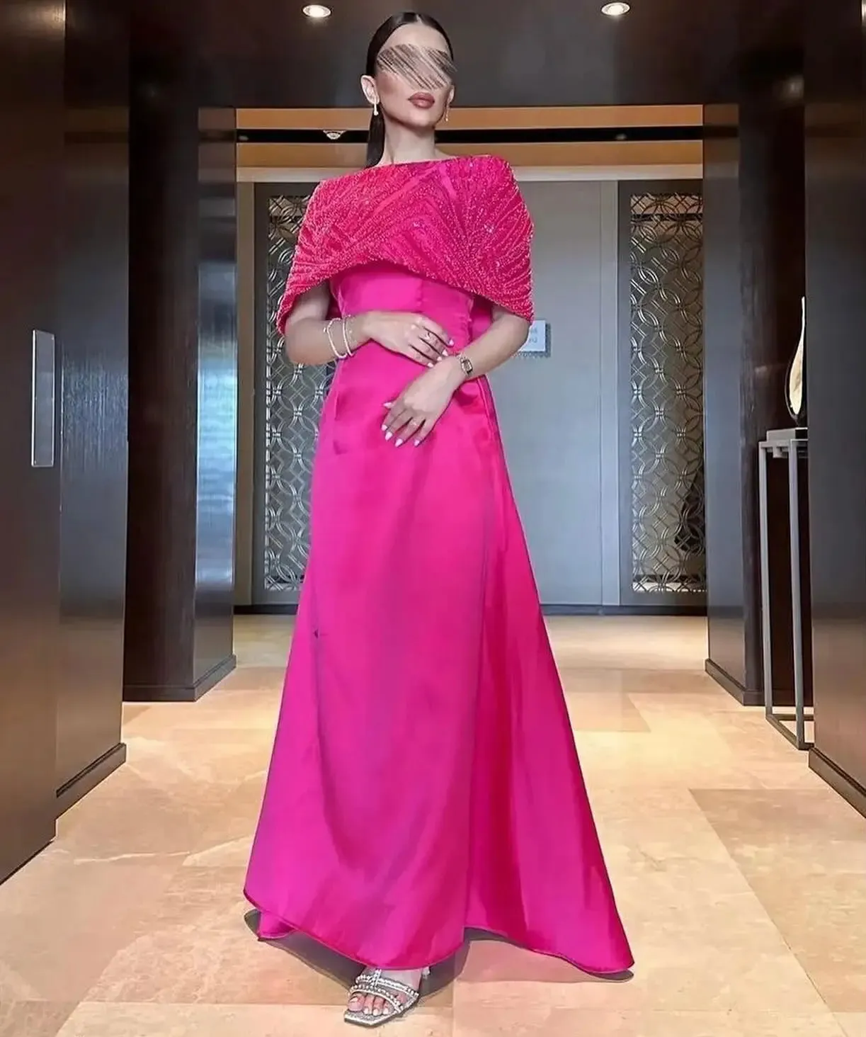 Elegant Off Shoulder Fuchsia  Evening Dress with Cape