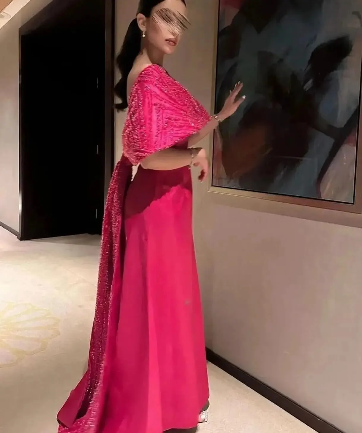 Elegant Off Shoulder Fuchsia  Evening Dress with Cape