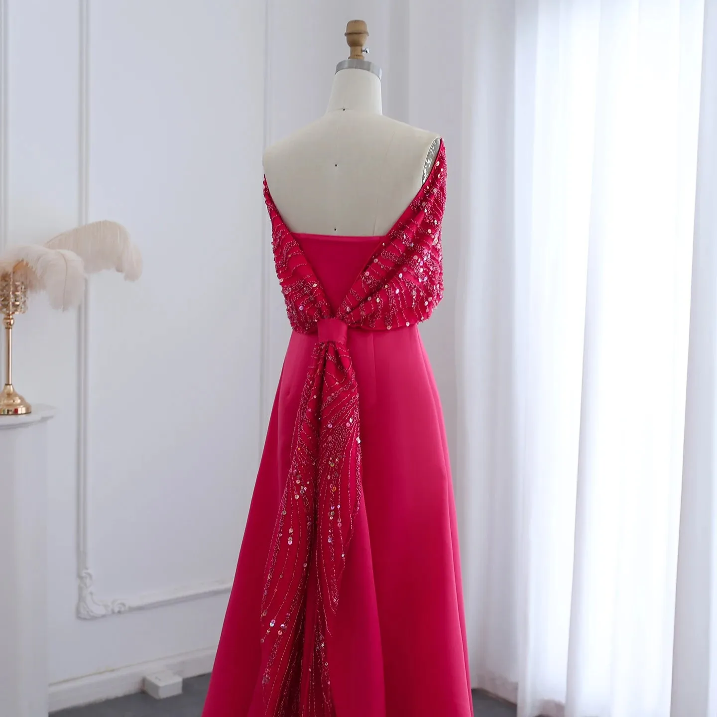 Elegant Off Shoulder Fuchsia  Evening Dress with Cape