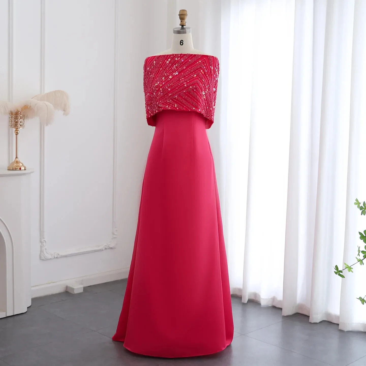 Elegant Off Shoulder Fuchsia  Evening Dress with Cape
