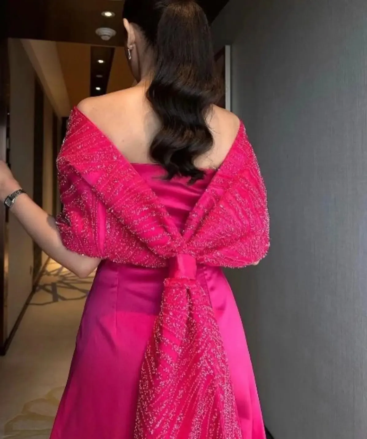 Elegant Off Shoulder Fuchsia  Evening Dress with Cape