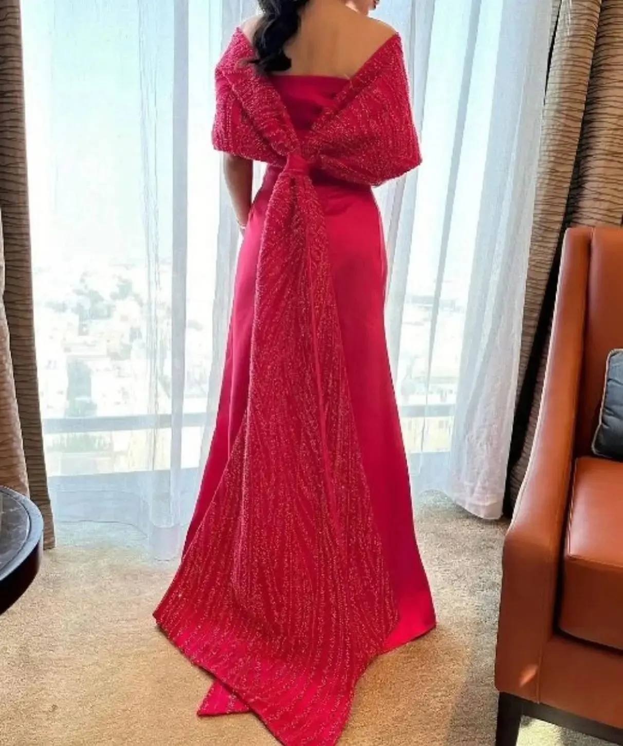 Elegant Off Shoulder Fuchsia  Evening Dress with Cape