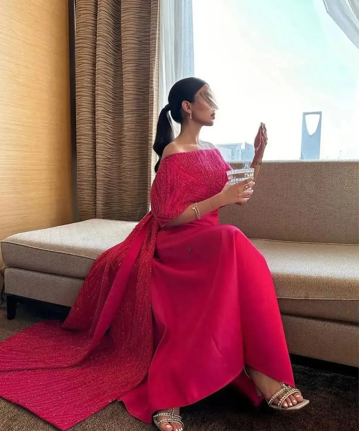 Elegant Off Shoulder Fuchsia  Evening Dress with Cape