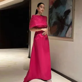 Elegant Off Shoulder Fuchsia  Evening Dress with Cape