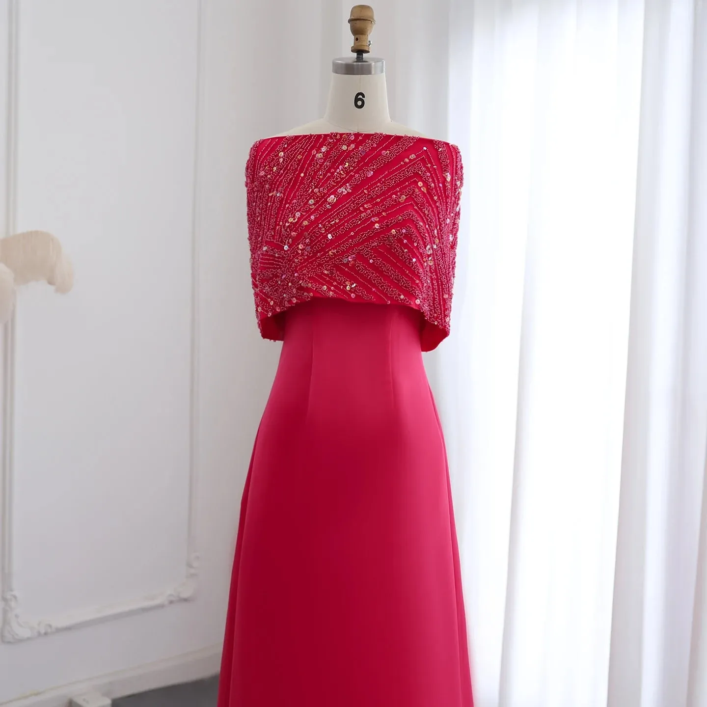 Elegant Off Shoulder Fuchsia  Evening Dress with Cape
