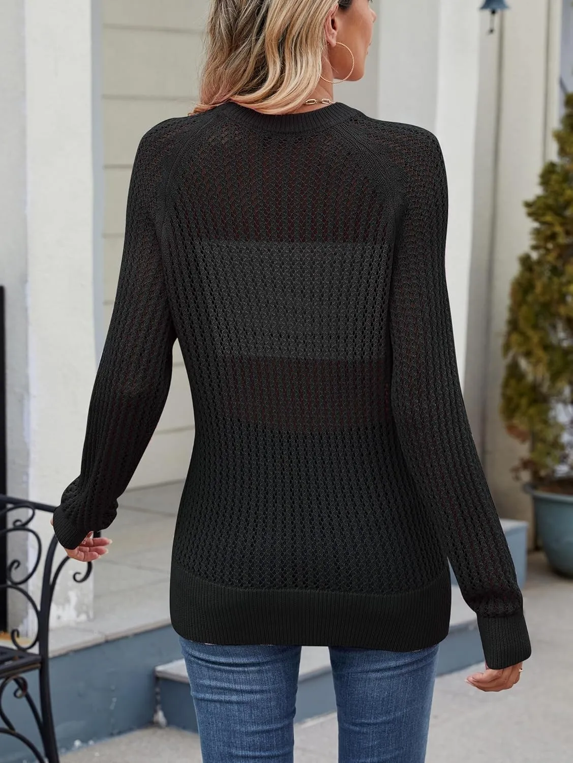 Famulily Comfy Crochet Sweaters for Women Light Weight Long Sleeve Crew Neck Hollow Out Pullover Cover Ups