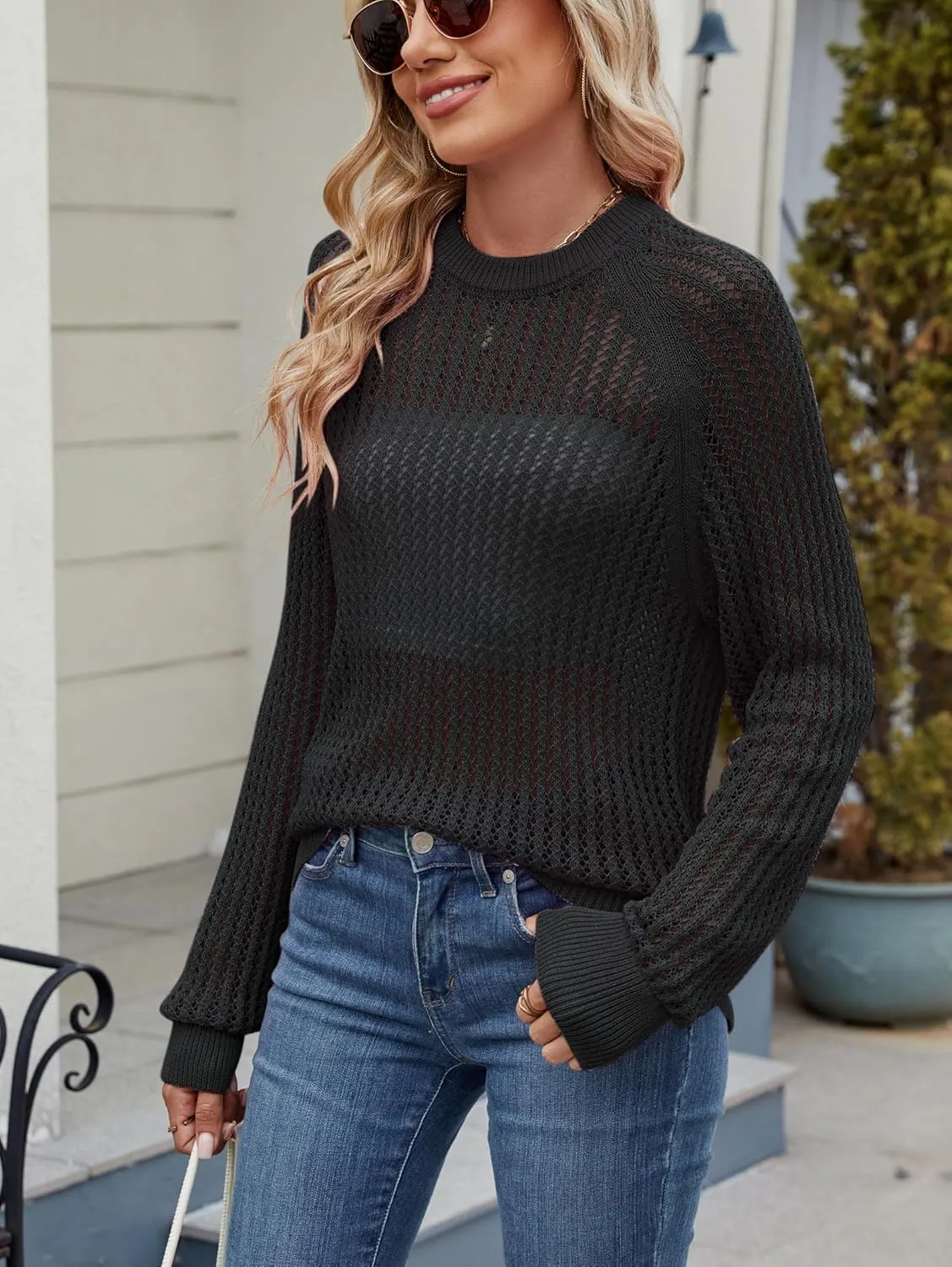 Famulily Comfy Crochet Sweaters for Women Light Weight Long Sleeve Crew Neck Hollow Out Pullover Cover Ups