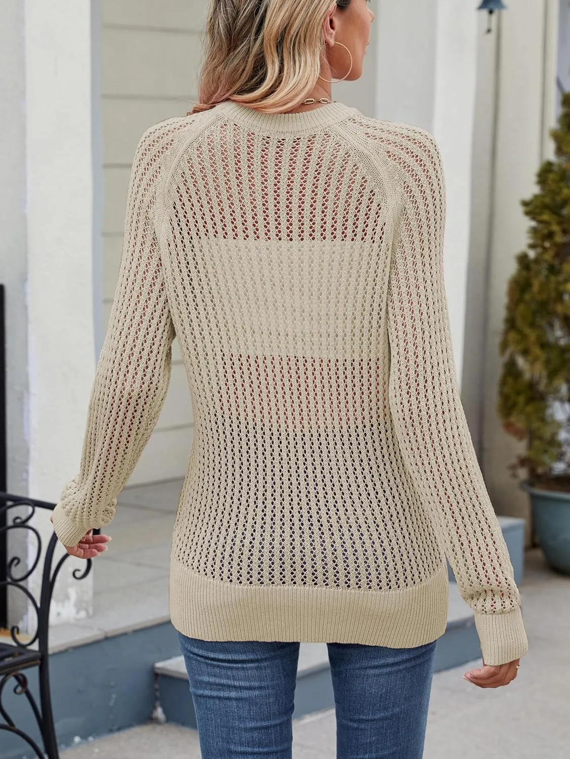 Famulily Comfy Crochet Sweaters for Women Light Weight Long Sleeve Crew Neck Hollow Out Pullover Cover Ups