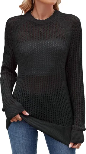 Famulily Comfy Crochet Sweaters for Women Light Weight Long Sleeve Crew Neck Hollow Out Pullover Cover Ups