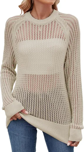 Famulily Comfy Crochet Sweaters for Women Light Weight Long Sleeve Crew Neck Hollow Out Pullover Cover Ups
