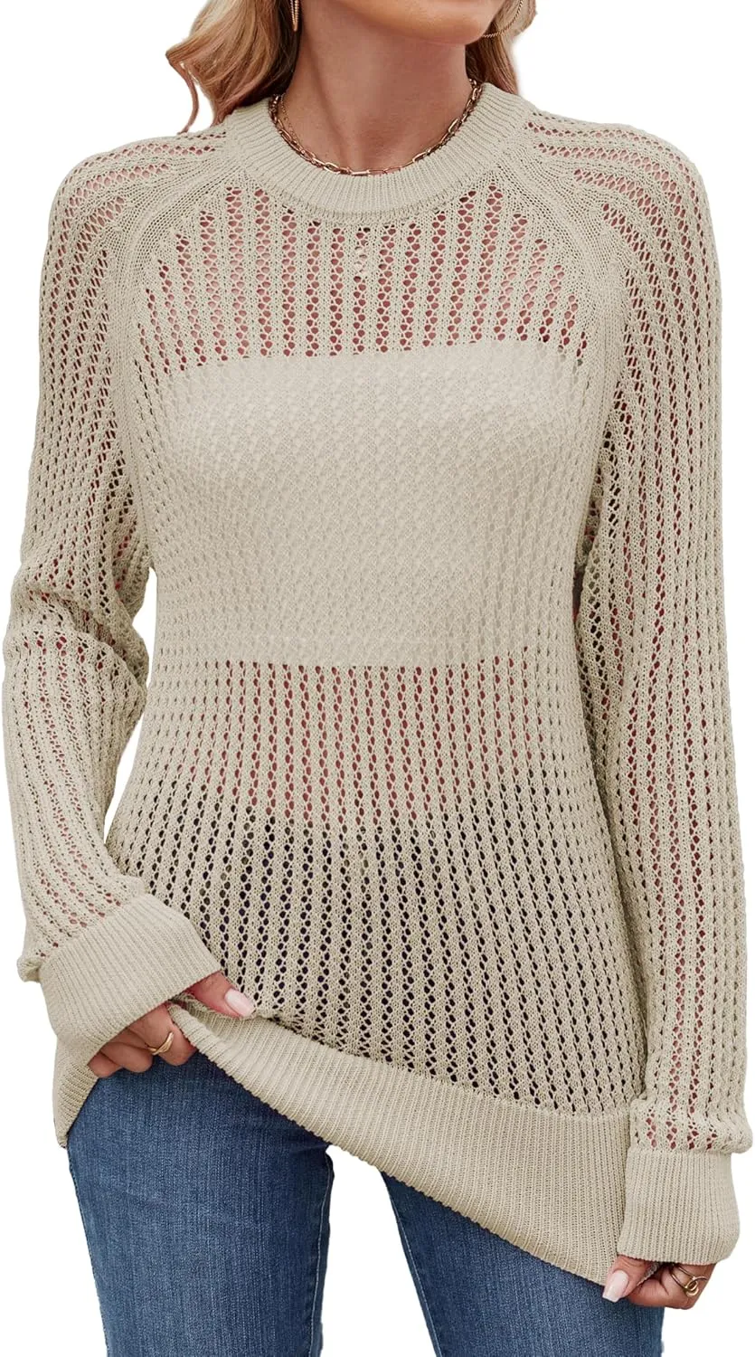 Famulily Comfy Crochet Sweaters for Women Light Weight Long Sleeve Crew Neck Hollow Out Pullover Cover Ups