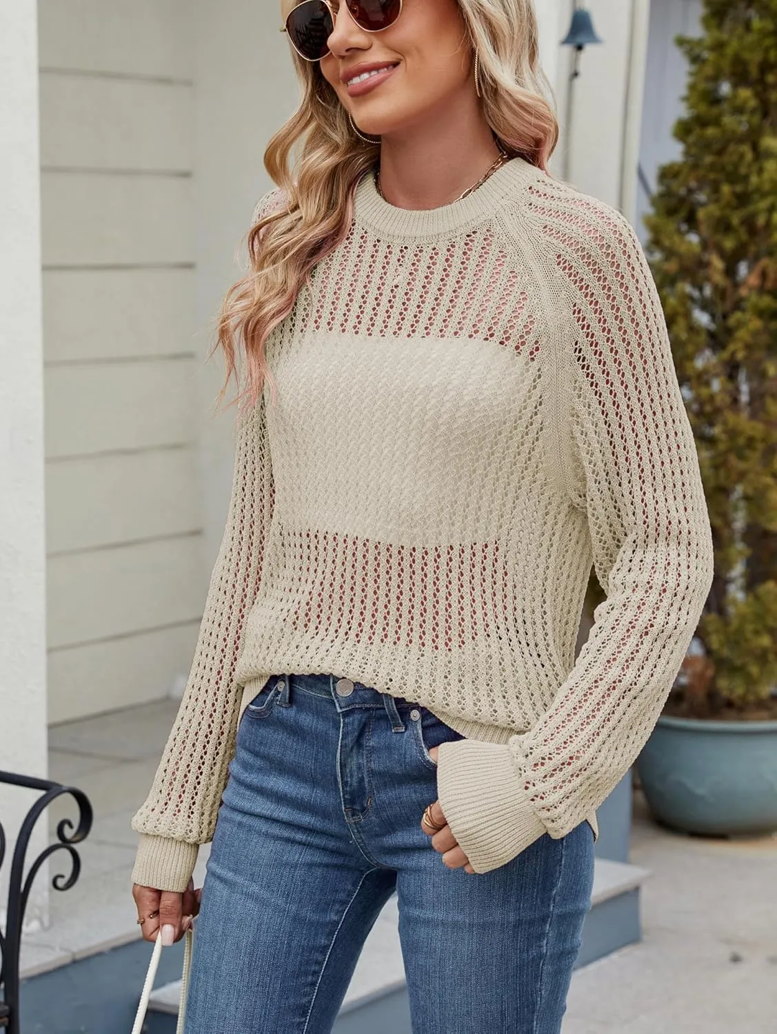 Famulily Comfy Crochet Sweaters for Women Light Weight Long Sleeve Crew Neck Hollow Out Pullover Cover Ups