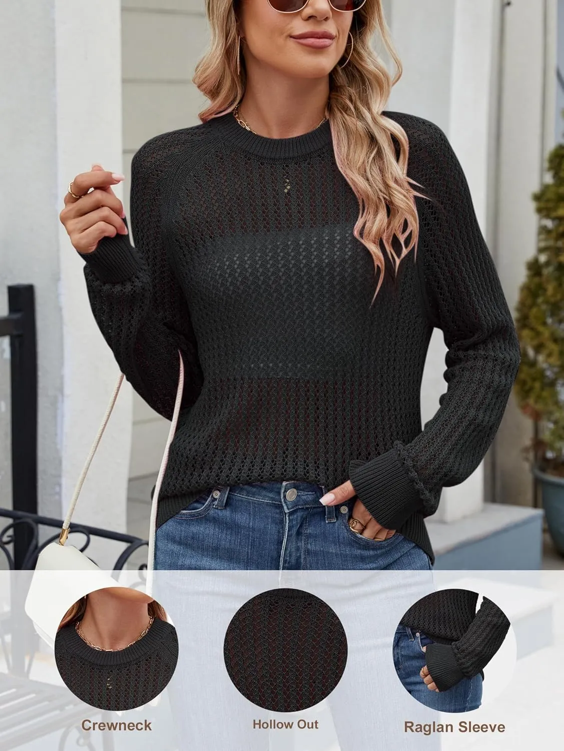 Famulily Comfy Crochet Sweaters for Women Light Weight Long Sleeve Crew Neck Hollow Out Pullover Cover Ups