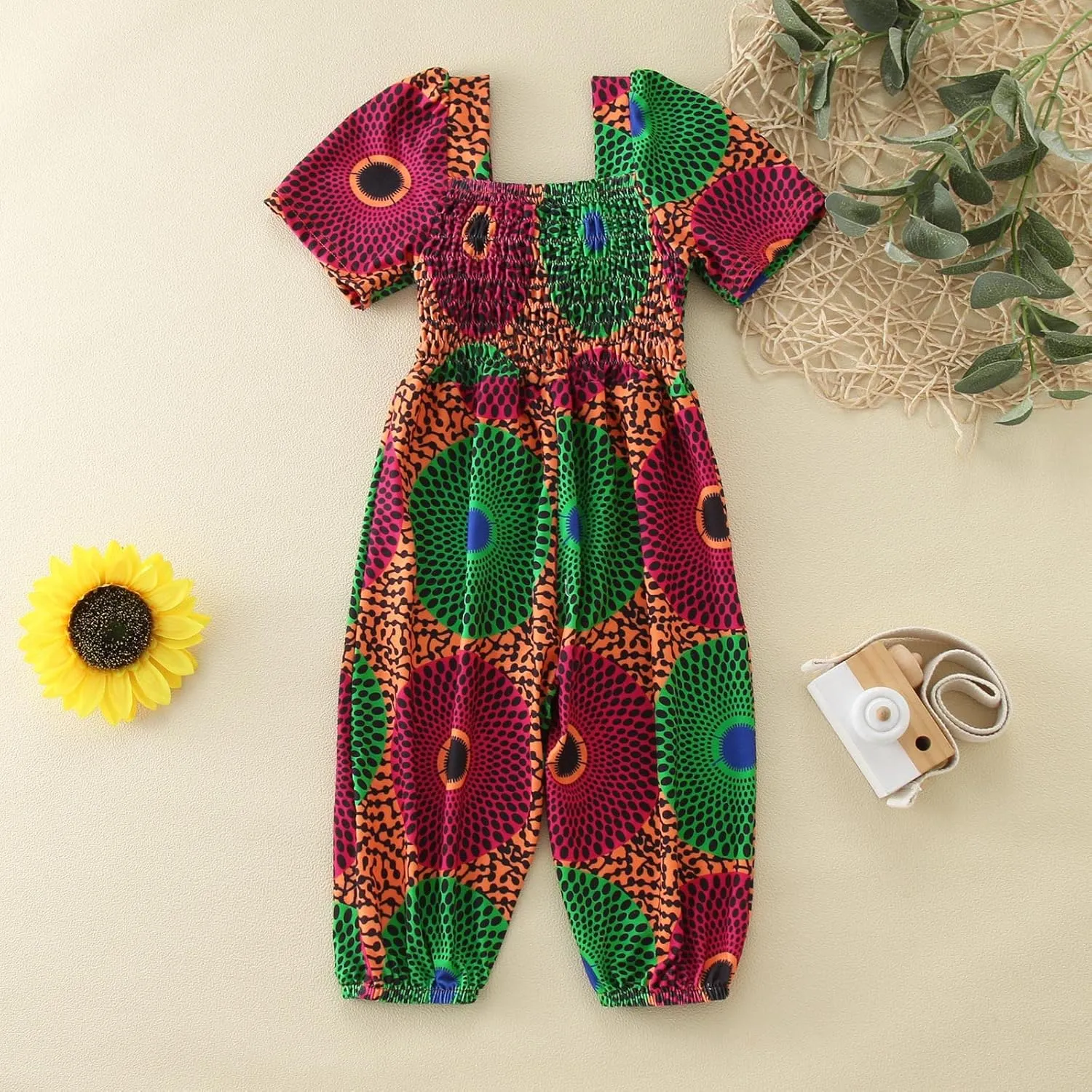 Kids Girl Traditional Jumpsuit Frill African National Style Flat Collar Short Sleeve Romper Toddler Playwear