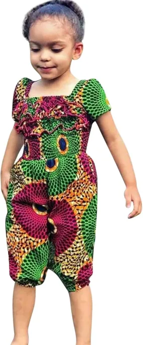 Kids Girl Traditional Jumpsuit Frill African National Style Flat Collar Short Sleeve Romper Toddler Playwear