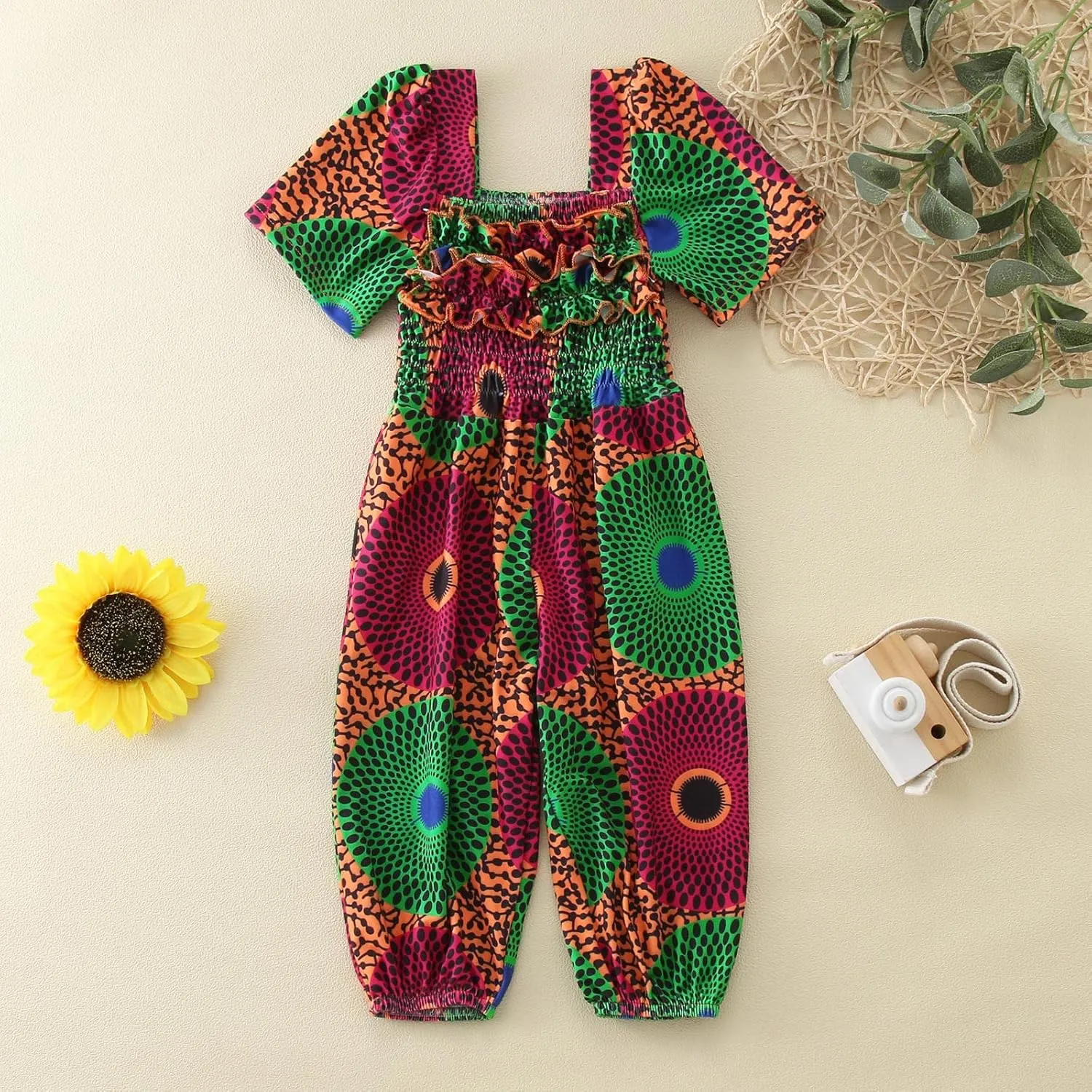 Kids Girl Traditional Jumpsuit Frill African National Style Flat Collar Short Sleeve Romper Toddler Playwear