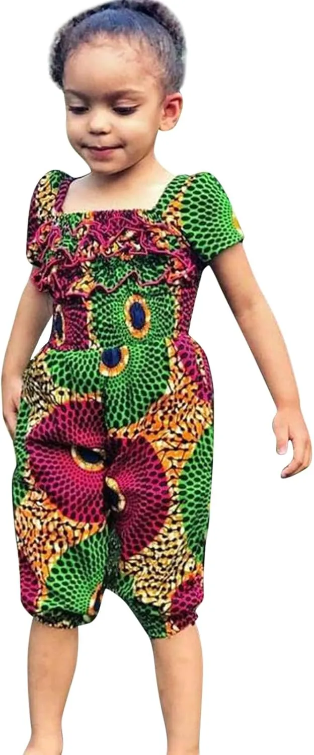 Kids Girl Traditional Jumpsuit Frill African National Style Flat Collar Short Sleeve Romper Toddler Playwear