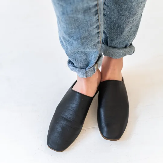 The Leather Square Toe Mule - Black Croc Print - Size 3