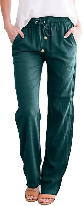 Women's Linen Pants Dressy Loose Elastic High Waisted Baggy Wide Leg Office Palazzo Pants Trouser with Pockets