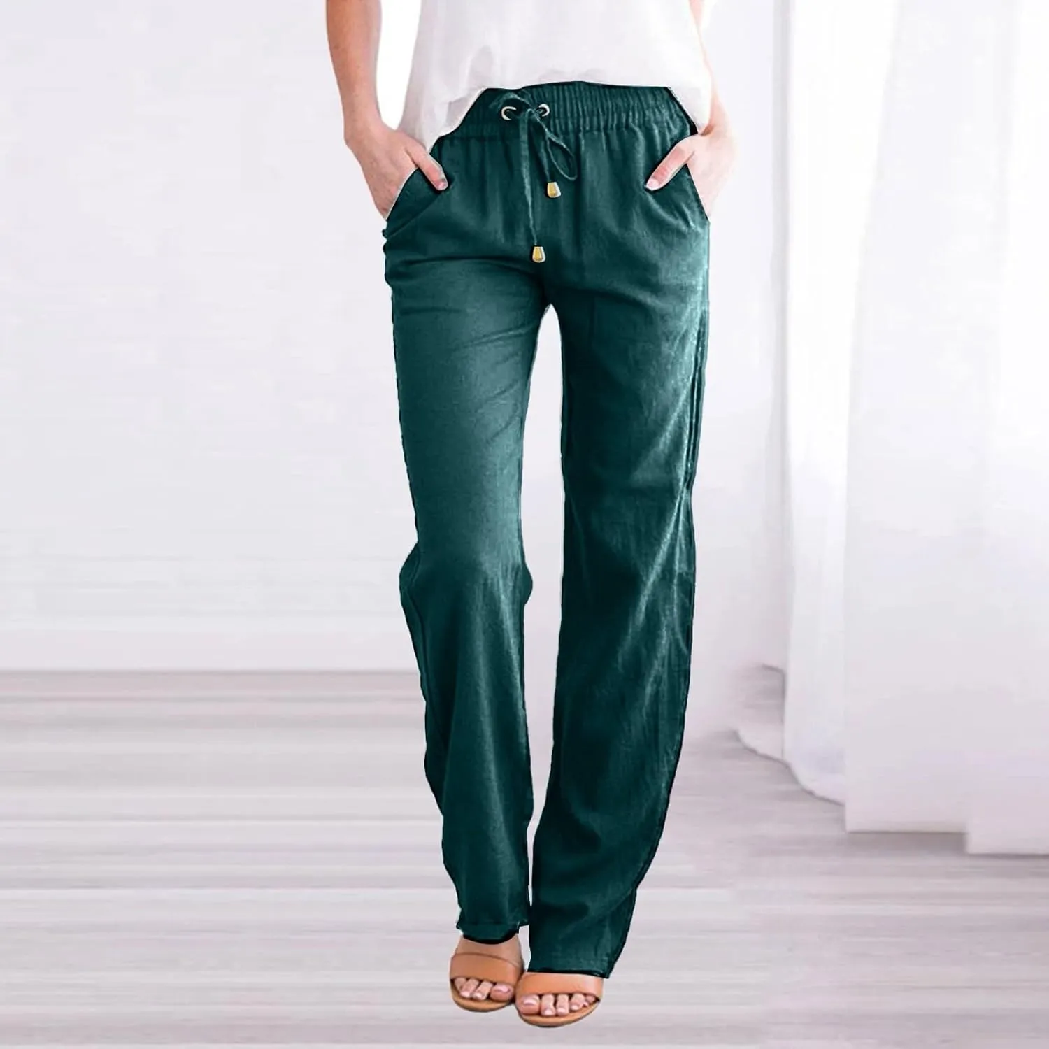 Women's Linen Pants Dressy Loose Elastic High Waisted Baggy Wide Leg Office Palazzo Pants Trouser with Pockets