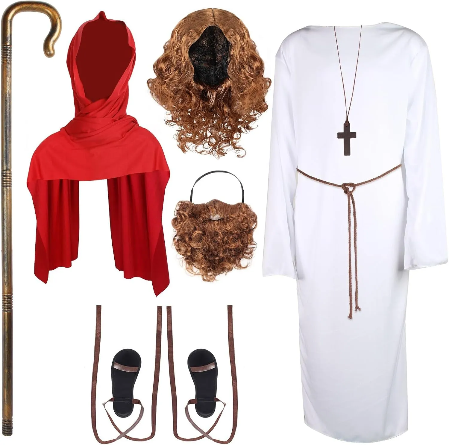 Yewong Kids Halloween Jesus Costume Set - Jesus Wig and Beard Set Biblical Religious Robe Belt Shawl Strappy Sandals Staff Cane and Cross Necklace for Jesus Christ Cosplay